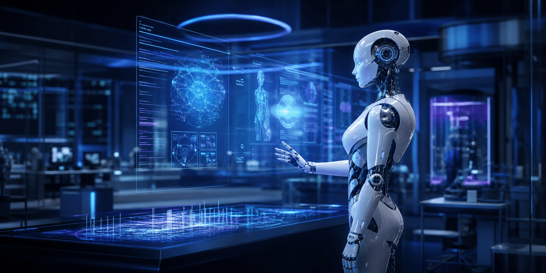 Futuristic AI infrastructure lab with robotic systems, holographic interfaces, and blue data light