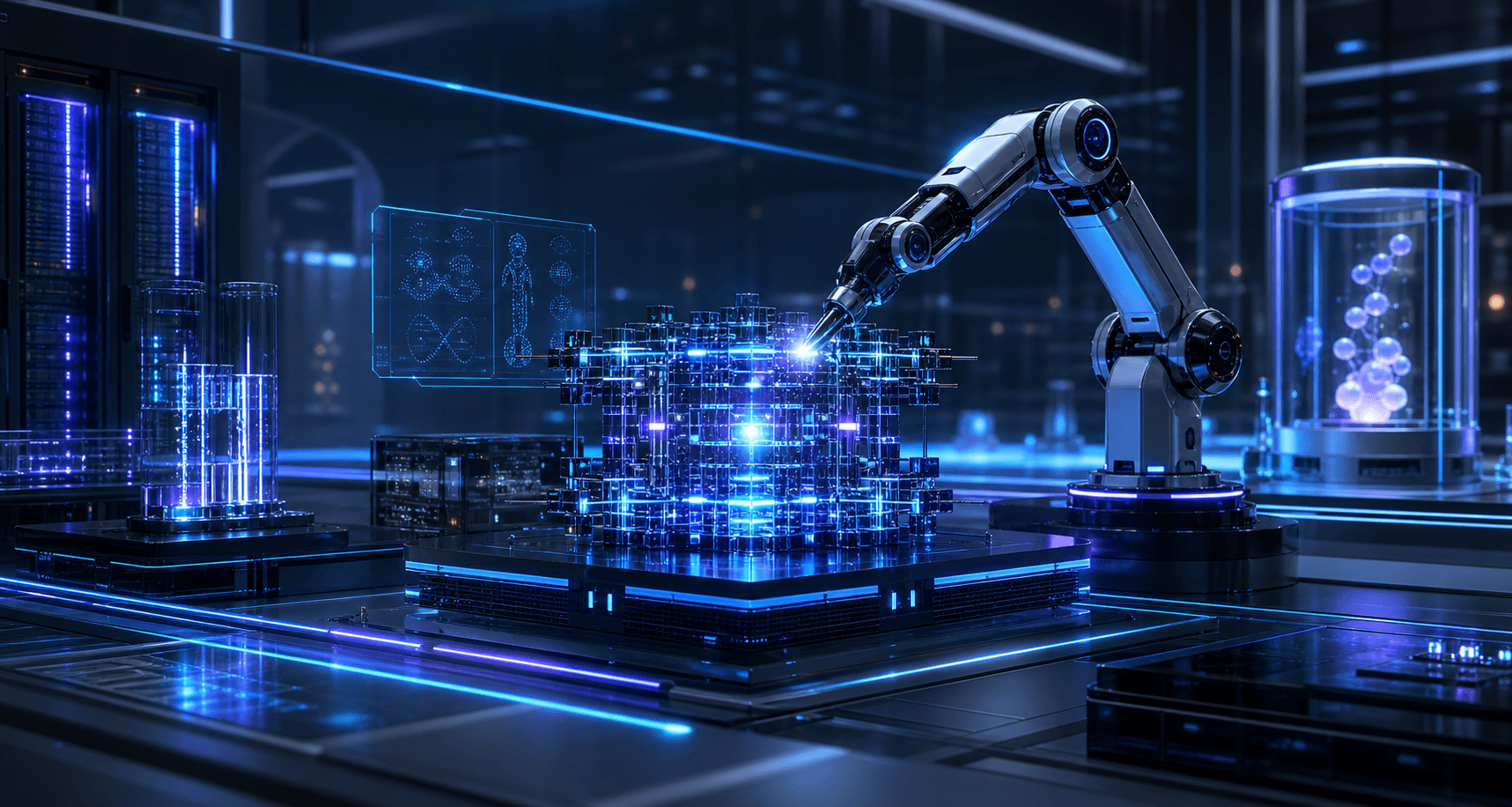 Futuristic humanoid AI assistant inside a luminous enterprise robotics lab